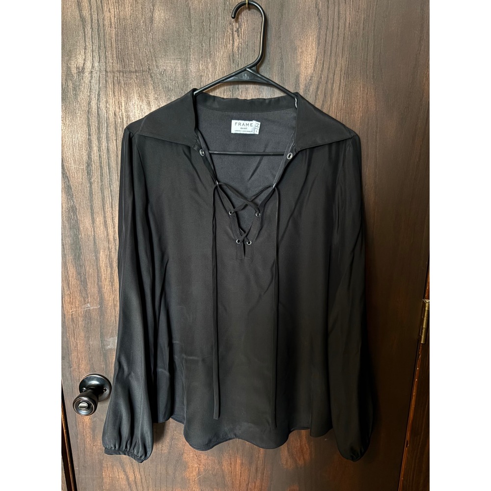 FRAME Denim Noir Black 100% Silk Lace Up Front Blouse Shirt LWSH0184 Womens S